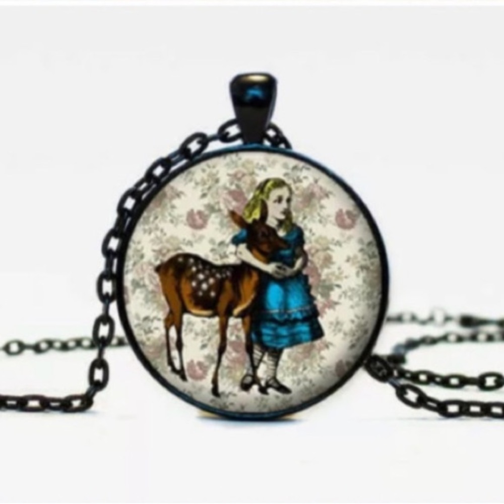 Deer And Little Girl Cabochon Necklace